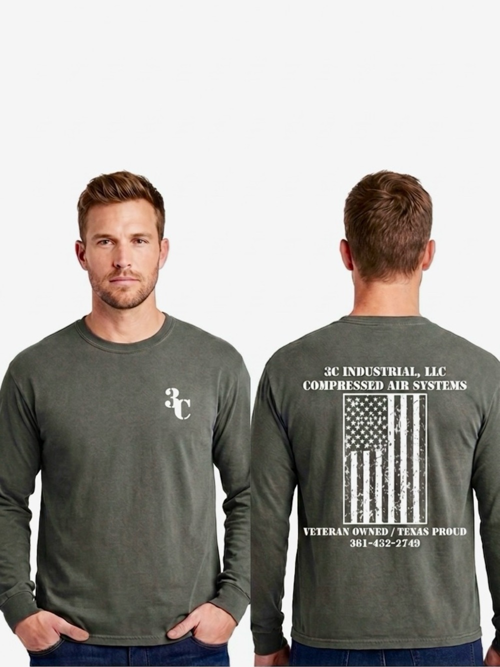 PORT & CO. 3C Veteran USA Flag Dark Grey Long Sleeve Tee Unisex Graphic T-shirt